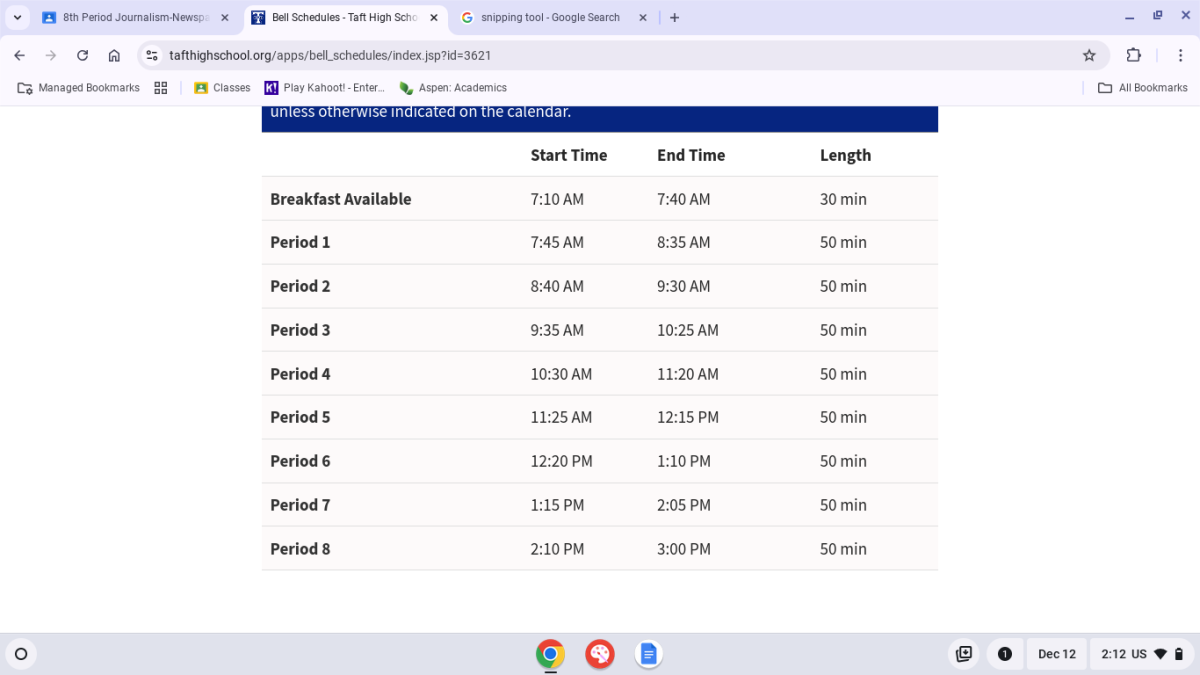 Current Taft bell schedule.