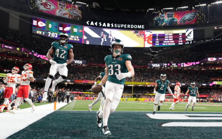 Cooper DeJean scoring a pick-six, making the score 16-0 during Super Bowl 59 against the Kansas City Chiefs.